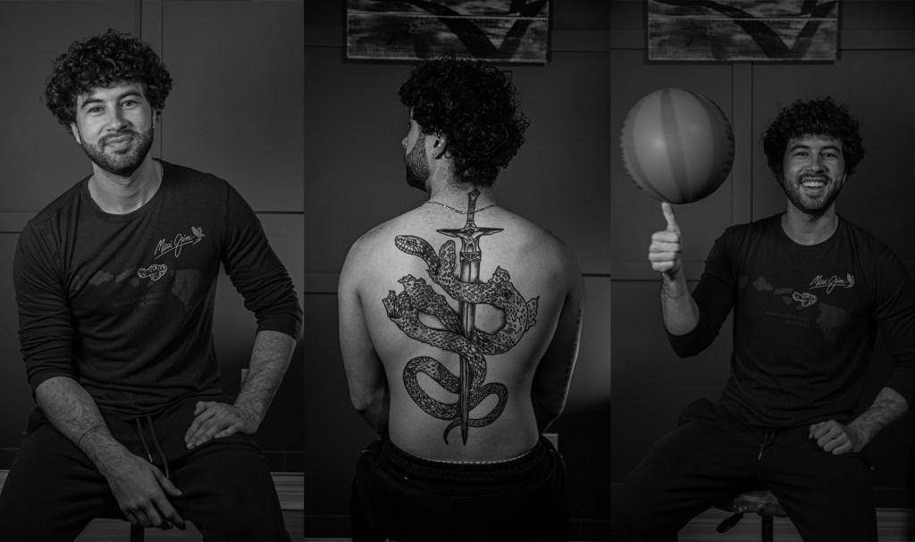 A man with curly hair and a black shirt, smiling and posing in three different angles. The middle image showcases a large tattoo on his back of a snake wrapped around a sword. In the third image, he is juggling a basketball while smiling.