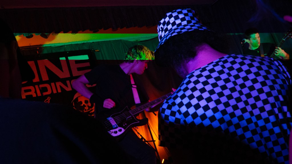A live music performance featuring a guitarist in a black shirt playing in front of a banner. The scene is illuminated with colorful stage lights, and an audience member wearing a checkered outfit is visible in the foreground.