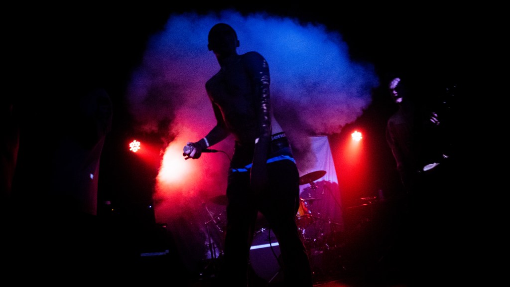 Silhouette of a performer on stage with colorful smoke and lights during a live music event.